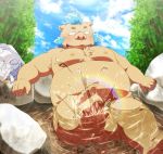  5_fingers 5_toes anthro bathing belly blush boar butt facial_hair feet flaccid forest gouryou male mammal moobs nipples nude overweight overweight_male pecs penis penta008 porcine rainbow sideburns sky slightly_chubby solo splashing spring stone toes tokyo_afterschool_summoners tree water 