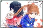  ayase_chihaya bare_tree black_hair blue_eyes brown_eyes brown_hair card chihayafuru frame japanese_clothes kimono kooan leaf long_hair looking_at_viewer multiple_girls obi ponytail sash short_hair smile tree wakamiya_shinobu 