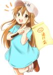  :d absurdres bangs blue_shirt blush boots brown_eyes brown_footwear commentary_request eyebrows_visible_through_hair flag flat_cap grey_hat hair_between_eyes hands_up hat hataraku_saibou highres holding holding_flag knee_boots light_brown_hair long_hair looking_at_viewer open_mouth platelet_(hataraku_saibou) round_teeth shibakame shirt short_sleeves simple_background smile solo standing standing_on_one_leg teeth upper_teeth very_long_hair white_background 