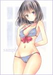  arm_behind_back bikini bishoujo_senshi_sailor_moon black_hair blue_bikini blue_eyes bob_cut border bow breasts collarbone colored_pencil_(medium) cowboy_shot looking_at_viewer marker_(medium) medium_breasts navel potto purple_border red_bow sample short_hair solo swimsuit tomoe_hotaru traditional_media 