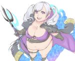  1girl belly belt breasts cleavage fat female_my_unit_(fire_emblem:_kakusei) fire_emblem fire_emblem:_kakusei jewelry large_breasts looking_at_viewer my_unit_(fire_emblem:_kakusei) necklace open_mouth polearm purple_eyes silver_hair smile solo standing trident twintails weapon 
