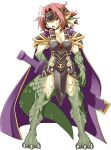  1girl animal_ears armor artist_request bangs belt breasts cape cleavage dragon_girl dragon_tail female fins full_body granberia large_breasts mon-musu_quest! monster_girl nimji open_mouth red_hair scales solo sword tail tattoo third-party_edit tiara weapon yellow_eyes 