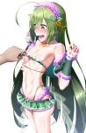  ahoge armpits back_bow bikini blush bow breasts choker commentary_request cowboy_shot embarrassed fingernails flower flower_knight_girl green_bikini green_hair green_skirt hair_flower hair_ornament highres leaf_lsd long_hair microskirt mint_(flower_knight_girl) nail_polish navel open_mouth out_of_frame pink_nails revealing_clothes simple_background skirt small_breasts solo_focus standing surprised swimsuit white_background wrist_cuffs yellow_eyes 