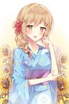  alternate_hairstyle bang_dream! bangs blonde_hair blue_kimono blush braid clenched_hand eyebrows_visible_through_hair floral_background flower hair_flower hair_ornament hair_over_shoulder hand_on_own_elbow hand_up highres ichigaya_arisa japanese_clothes kimono light_brown_hair looking_at_viewer obi open_mouth red_flower sash single_braid solo sunflower taya_5323203 water_drop white_flower wide_sleeves x_hair_ornament 