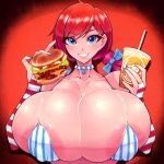  1girl blue_eyes breasts burger drink food freckles gigantic_breasts jewelry necklace red_hair tokyokyoto twintails wendy&#039;s wendy_(wendy&#039;s) 