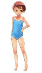  barefoot blue_swimsuit brown_eyes brown_hair cameltoe commentary_request competition_school_swimsuit covered_navel covered_nipples flat_chest full_body hand_on_hip highres one-piece_swimsuit one-piece_tan original sasahara_yuuki school_swimsuit short_hair simple_background smile solo sweat swimsuit tan tanline white_background 