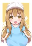  :d absurdres blue_shirt brown_eyes brown_hair catstudioinc_(punepuni) commentary eyebrows_visible_through_hair fang flat_cap hat hataraku_saibou highres long_hair looking_at_viewer open_mouth outline platelet_(hataraku_saibou) shirt simple_background smile solo white_hat white_outline 