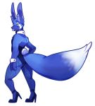  2018 alpha_channel big_tail blue_fur bunny_oufit canine chitafokkusu clothing fishnet footwear fox foxblue fur green_eyes high_heels inner_ear_fluff invalid_tag looking_at_viewer male mammal markings shoes simple_background solo tongue transparent_background 