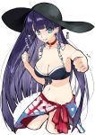  bangs black_bikini_top black_hat blue_earrings blue_eyes blunt_bangs blush breasts choker cleavage collarbone commentary cowboy_shot cross eyebrows_visible_through_hair fate/grand_order fate_(series) grin hat highres long_hair looking_at_viewer medium_breasts navel purple_hair red_choker red_sarong saint_martha saint_martha_(swimsuit_ruler)_(fate) sarong simple_background smile standing sun_hat translation_request utayoi_(umakatare) white_background 