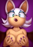  2018 anthro bat big_breasts breasts digital_media_(artwork) female hi_res jeki looking_at_viewer makeup mammal nipples nude open_mouth rouge_the_bat simple_background solo sonic_(series) tongue tongue_out video_games wings 