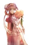  absurdres bangs blue_eyes blunt_bangs bouquet braid breasts brown_hair cape character_request closed_mouth commentary dress elbow_gloves flower gloves granblue_fantasy hair_ornament hair_rings hairband highres holding holding_bouquet jewelry juliet_(granblue_fantasy) lala_(0915_yu) long_hair medium_breasts pink_hair red_cape ribbon solo white_background white_dress white_gloves 
