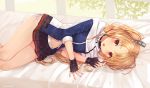  artist_name azur_lane bed black_gloves blonde_hair blush breasts cleveland_(azur_lane) commentary_request fingerless_gloves gloves hair_ornament komazuki_(komaworks240) long_hair looking_at_viewer lying miniskirt navel on_bed on_side one_side_up panties pleated_skirt red_eyes side-tie_panties skirt small_breasts string_panties underwear 