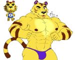  abs animal_crossing anthro barazoku bulge clothed clothing digital_media_(artwork) feline looking_at_viewer male mammal muscular muscular_male navel nintendo nipples pecs solo steven_ciervyena thong thumbs_up tiger topless tybalt_(animal_crossing) video_games 