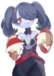  1girl bare_shoulders blue_skin detached_collar detached_sleeves dress female hair_over_one_eye leviathan_(skullgirls) monster_girl red_eyes skullgirls squigly_(skullgirls) stitched_mouth stitches striped striped_sleeves twintails zombie 