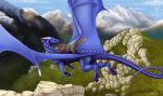  2018 canine day detailed_background digital_media_(artwork) dragon duo feral flying grass mammal membranous_wings minerea outside pinkdragonlove rock scalie sky smile western_dragon wings wolf 