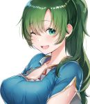  ;d blue_dress blush breasts collarbone commentary_request dress eyebrows_visible_through_hair fire_emblem fire_emblem:_rekka_no_ken fire_emblem_heroes green_eyes green_hair high_ponytail highres large_breasts lyndis_(fire_emblem) one_eye_closed open_mouth ponytail ringozaka_mariko short_sleeves smile 