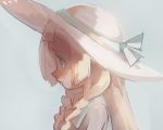  blonde_hair braid commentary from_side green_eyes hat lillie_(pokemon) long_hair omiya599 pokemon pokemon_(game) pokemon_sm side_braid simple_background solo sun_hat tearing_up tears twin_braids white_hat 