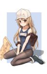  absurdres backpack bag between_legs black_legwear blush boots brown_eyes brown_hair commentary_request flag hand_between_legs hat hataraku_saibou highres long_hair name_tag old_school_swimsuit one-piece_swimsuit pantyhose pantyhose_under_swimsuit platelet_(hataraku_saibou) school_swimsuit sitting solo swimsuit unicron_(brous) v_arms 