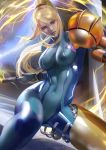  blonde_hair blue_eyes bodysuit breasts covered_navel electricity gun handgun holding holding_weapon large_breasts looking_at_viewer metroid ponytail samus_aran serious solo toned transforming_clothes varia_suit weapon wristband zero_suit zumi_(zumidraws) 