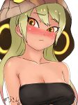  absurdres bare_shoulders blush breasts closed_mouth collarbone commentary_request dark_skin eyebrows_visible_through_hair frown gradient_hair green_hair highres hood kemono_friends king_cobra_(kemono_friends) light_green_hair masuyama_ryou medium_breasts multicolored_hair nose_blush orange_eyes pink_hair simple_background solo straight_hair two-tone_hair upper_body white_background 