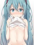  akira_(been0328) bangs bare_arms bare_shoulders blue_eyes blush bottomless breasts closed_mouth commentary eyebrows_visible_through_hair green_hair grey_background groin hair_between_eyes hair_ornament hands_up hatsune_miku long_hair looking_at_viewer mouth_hold navel nose_blush out-of-frame_censoring shirt shirt_in_mouth shirt_lift sleeveless sleeveless_shirt small_breasts solo sweat twintails very_long_hair vocaloid white_shirt 