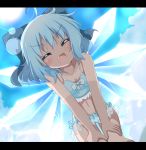  :d ^_^ ahoge bikini blue_bikini blue_bow blue_hair blue_sky blush bow cirno closed_eyes cloud collarbone day do_(4-rt) eyebrows_visible_through_hair eyes_visible_through_hair facing_viewer fang from_below hair_between_eyes hair_bow hands_on_own_knees highres ice ice_wings leaning_forward lens_flare letterboxed open_mouth outdoors short_hair sky smile solo sun swimsuit tan tanline tanned_cirno touhou v-shaped_eyebrows wings 