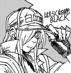  baseball_cap black_gloves closed_mouth copyright_name fingerless_gloves gloves greyscale hair_over_one_eye halftone halftone_background hat hat_tip hataraku_saibou hataraku_saibou_black hatsuyoshi_issei jumpsuit long_hair looking_at_viewer monochrome neutrophil popped_collar smile solo u-1196 upper_body white_blood_cell_(hataraku_saibou) 
