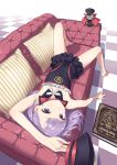  absurdres arm_up armpits bangs bare_shoulders barefoot book checkered colonel_olcott_(fate/grand_order) couch detached_collar dress eyebrows_visible_through_hair fate/grand_order fate_(series) flat_chest foreshortening frilled_dress frills hat hat_removed headwear_removed helena_blavatsky_(fate/grand_order) highres laika_(sputnik2nd) looking_at_viewer lying on_back pillow purple_eyes purple_hair short_hair simple_background solo strapless strapless_dress white_background 