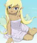  bandaged_arm bandages barefoot black_eyes blonde_hair breasts cleavage dark_skin dress hair_between_eyes legs_together long_hair looking_at_viewer medium_breasts no_pupils open_mouth partially_submerged pointy_ears solo tetra the_legend_of_zelda the_legend_of_zelda:_the_wind_waker usushira water wet wet_hair 