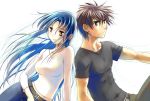  1girl belt blue_hair breasts brown_hair chidori_kaname denim full_metal_panic! grey_eyes hair_between_eyes jeans long_hair long_sleeves medium_breasts midriff official_art orange_eyes pants sagara_sousuke shikidouji shirt short_hair short_sleeves simple_background sitting spiked_hair t-shirt white_background 