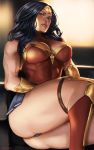  bare_shoulders black_hair blue_eyes boots breasts cleavage closed_mouth covered_nipples dc_comics jewelry large_breasts legs leotard lips long_hair looking_at_viewer muscle rejean_dubois sitting solo superhero thighs tiara toned wonder_woman wonder_woman_(series) 