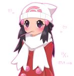  1girl beanie black_hair blush coat dated eating female food hair_ornament hairclip hat heart hikari_(pokemon) japanese_text lips long_hair long_sleeves looking_up mouth_hold pocky poke_ball_theme pokemon pokemon_(game) pokemon_dppt pokemon_platinum purple_eyes red_coat sawarabi_(sawarabi725) scarf shiny shiny_hair simple_background solo standing translation_request upper_body white_background white_hat white_scarf winter_clothes 