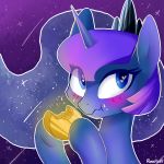  &lt;3 &lt;3_eyes 2018 bite blue_eyes blush bust_portrait cake cosmic_hair crown crumbs cute dessert eating equine eyelashes female feral food friendship_is_magic glowing hair holding_food holding_object hooves horn long_hair mammal my_little_pony portrait princess_luna_(mlp) purple_background rosefluff royalty signature simple_background solo 