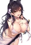  animal_ears areola_slip areolae atago_(azur_lane) azur_lane bangs bikini black_hair bow breasts cleavage commentary_request dikko extra_ears eyebrows_visible_through_hair flower hair_flower hair_ornament large_breasts long_hair mole mole_under_eye navel nipples open_mouth ribbon skirt solo swept_bangs swimsuit sword weapon white_background white_bikini white_bow white_ribbon white_skirt yellow_eyes 
