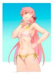  :q akashi_(kantai_collection) armpits bikini breasts cowboy_shot gloves green_eyes hair_ribbon hand_on_hip highres holding_wrench kantai_collection long_hair looking_to_the_side navel pink_hair ribbon side-tie_bikini simple_background solo sweat swimsuit tongue tongue_out wrench yuuji_(and) 