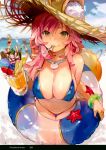  absurdres animal_ear_fluff animal_ears ball bangs bikini blue_bikini blue_ribbon blurry blurry_background bracelet breasts cleavage cloud cloudy_sky covered_nipples day drink ears_through_headwear fate/grand_order fate_(series) food fou_(fate/grand_order) fox_ears fox_tail fruit hair_ribbon hat highres holding innertube jewelry large_breasts leaning_forward long_hair looking_at_viewer marie_antoinette_(fate/grand_order) marie_antoinette_(swimsuit_caster)_(fate) mordred_(fate) mordred_(fate)_(all) mordred_(swimsuit_rider)_(fate) mouth_hold multiple_girls necklace ocean outdoors page_number pink_hair ribbon scan sky smile souji_hougu spoon spoon_in_mouth starfish straw_hat strawberry sun_hat swimsuit tail tamamo_(fate)_(all) tamamo_no_mae_(fate) tamamo_no_mae_(swimsuit_lancer)_(fate) yellow_eyes 