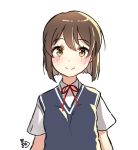  bad_id bad_pixiv_id bangs black_vest blush brown_eyes brown_hair closed_mouth collared_shirt copyright_request eyebrows_visible_through_hair hair_between_eyes moong_gya neck_ribbon red_ribbon ribbon school_uniform shirt short_sleeves simple_background smile solo vest white_background white_shirt 