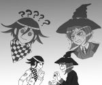  1girl ? bob_cut card checkered checkered_scarf chin_stroking danganronpa flipped_hair gradient gradient_background greyscale hat magic_trick monochrome new_danganronpa_v3 ouma_kokichi projected_inset scarf shimerike short_hair simple_background straitjacket witch_hat yumeno_himiko 