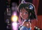  backstage bangs bare_shoulders black_hair blurry blurry_background choker dress eyebrows_visible_through_hair face frilled_choker frills idol idolmaster idolmaster_cinderella_girls idolmaster_cinderella_girls_starlight_stage jewelry lips looking_at_viewer natalia_(idolmaster) pendant purple_eyes solo stage_curtains stage_lights starry_sky_bright tiara upper_body white_dress youhei_(testament) 