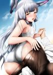  1girl ass bangs bare_shoulders black_legwear blue_sky blunt_bangs blush breasts cloud commentary_request covered_nipples day eyebrows_visible_through_hair fine_fabric_emphasis hair_ribbon half-closed_eyes headgear holding_hands kantai_collection long_hair looking_at_viewer looking_back medium_breasts miyuki_yaya murakumo_(kantai_collection) one-piece_swimsuit open_mouth orange_eyes outdoors pantyhose pantyhose_pull red_ribbon remodel_(kantai_collection) ribbon school_swimsuit sidelocks silver_hair skindentation sky swimsuit thighband_pantyhose thighs tress_ribbon twisted_torso very_long_hair wet white_school_swimsuit white_swimsuit 