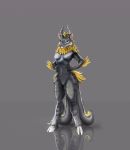  2018 2_tails 4_horns alternate_form anthro breasts chimera cloven_hooves crossgender digital_media_(artwork) digital_painting_(artwork) eyelashes fangs feathers female front_view fur grey_fur hands_on_belly hooves horn hybrid long_eyelashes looking_at_viewer micheal_knight multi_tail multicolored_fur nude pussy reflection sabertooth_(feature) scales simple_background small_breasts standing striped_fur stripes szaeravar two_tone_fur yellow_eyes yellow_feathers 