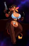  2018 5_fingers anthro belt belt_buckle big_breasts blazbaros blonde_hair bovine bra breasts chaps cleavage clothed clothing coat coin cowboy cowboy_hat detailed_background duster_coat female fingerless_gloves gloves gun hair half-closed_eyes handgun hat holding_object holding_weapon holster horn jacket long_hair mammal motion_lines ranged_weapon revolver smile solo standing thick_thighs thong underwear weapon 