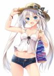  :d alternate_costume arm_up armpits ass_visible_through_thighs bag bankoku_ayuya blue_eyes bow bracelet breasts camisole casual commentary contemporary contrapposto cowboy_shot crop_top denim denim_shorts eyebrows_visible_through_hair fate/grand_order fate_(series) fine_fabric_emphasis french_commentary grey_hair hand_on_headwear hat hat_bow jewelry long_hair looking_at_viewer marie_antoinette_(fate/grand_order) midriff navel open_mouth short_shorts shorts shoulder_bag simple_background small_breasts smile solo standing straw_hat twintails very_long_hair white_background 