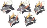  2018 absurd_res blush chimera digital_media_(artwork) ears_down expression_sheet eyes_closed eyewear feathers forked_tongue fur glasses green_eyes grey_fur headshot_portrait hi_res horn hybrid looking_at_viewer mane open_mouth portrait sabertooth_feature scales shadoweyenoom side_view smile snarling szaeravar three_tone_fur tongue whiskers yellow_feathers 