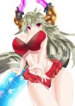  ass_visible_through_thighs bangs bikini blush breasts commentary_request cowboy_shot draph frilled_bikini_bottom granblue_fantasy green_hair grey_hair highres horns huge_breasts innertube ituki_rin long_hair looking_at_viewer orange_eyes red_bikini simple_background standing swimsuit thalatha_(granblue_fantasy) white_background 