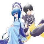  1boy 1girl bangs black_hair blue_cape blue_eyes blue_hair breasts cape fukki_(houshin_engi) hair_between_eyes houshin_engi long_hair medium_breasts purple_eyes robe ryuukitsu_koushu simple_background sitting tsubakian very_long_hair white_background 