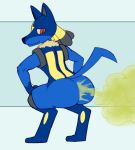  butt canine carafalsa clothed clothing fart fart_fetish fur looking_at_viewer lucario male malelucarioftw mammal nintendo pawpads pok&eacute;mon pok&eacute;mon_(species) red_eyes simple_background solo video_games wrestling_outfit 