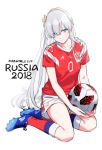  2018_fifa_world_cup anastasia_(fate/grand_order) ball blue_eyes blurry clothes_writing commentary_request depth_of_field fate/grand_order fate_(series) grey_hair hairband kinosuke_(sositeimanoga) long_hair looking_at_viewer red_shirt russia shirt shoes shorts sitting sneakers soccer soccer_ball soccer_uniform solo sportswear telstar_18 white_background world_cup yokozuwari 