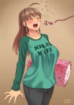  2016 absurdres ahoge artist_name blush breasts brown_hair closed_eyes clothes_writing dated highres kamiya_midori large_breasts long_hair open_mouth original pillow raglan_sleeves sleepy solo tears yawning zheng 