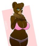  anthro bear big_breasts breasts brown_fur clothing doxxyl female fur green_eyes karleen looking_at_viewer mammal navel slightly_chubby thick_thighs tongue tongue_out underwear voluptuous 